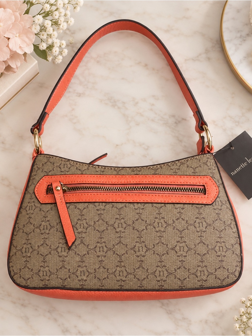 Nanette Lepore Monogram Shoulder Bag Coral Brown Vegan Leather NWT
